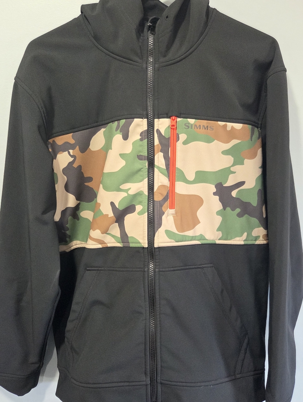 Simms Rogue Mens M Black Camo Full Zip Hoodie Softshell Jacket Fishing Hiking NO